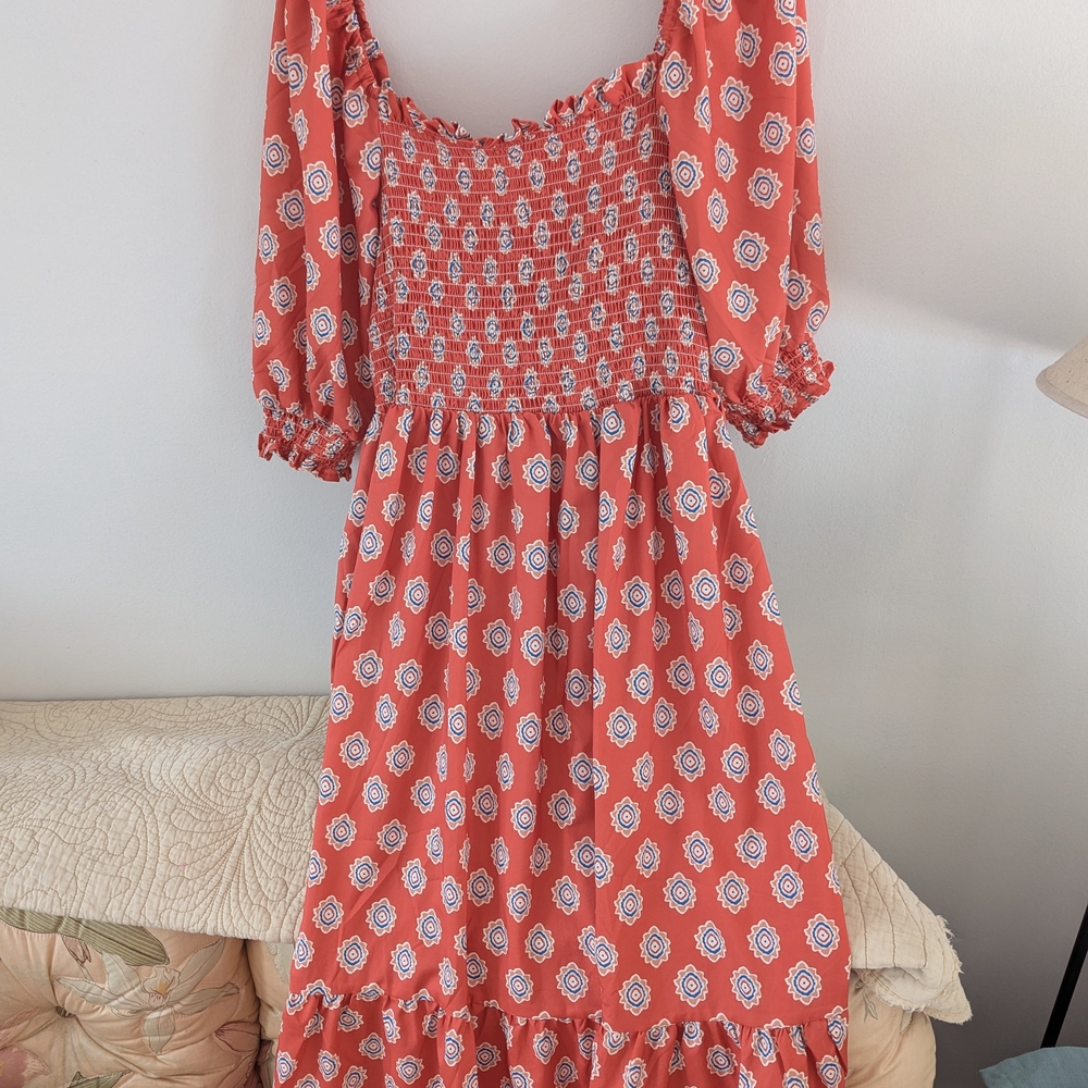 Coral Patterned Smocked Dress